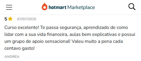 Depoimento da aluna Andréa na página do produto na Hotmart